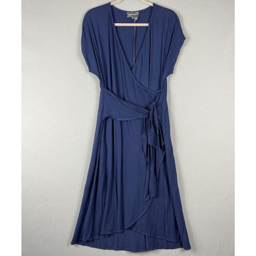 Michael Stars Jersey Faux Wrap Midi Dress Womens Small Blue V-neck Waist Tie